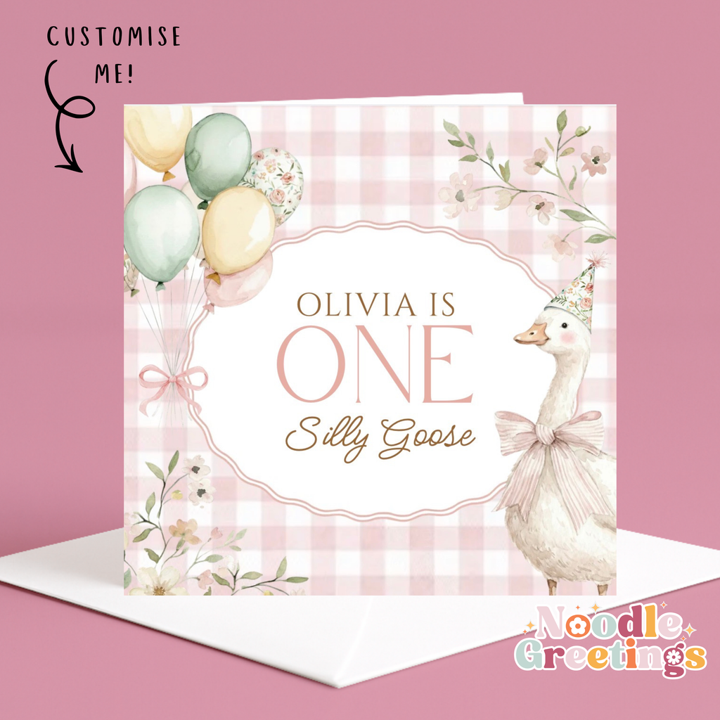 Personalised Girl's 1st Birthday Card- One Silly Goose Design