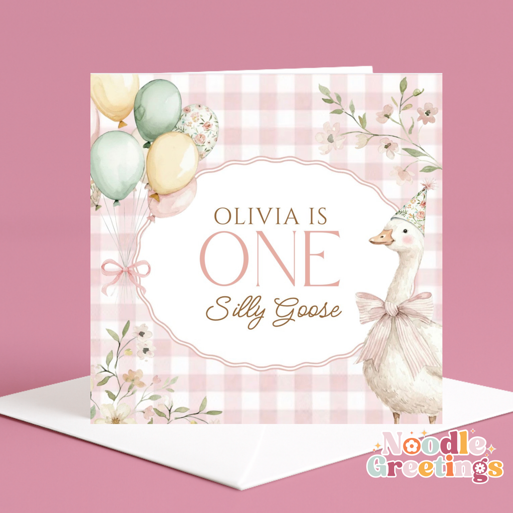 Personalised Girl's 1st Birthday Card- One Silly Goose Design