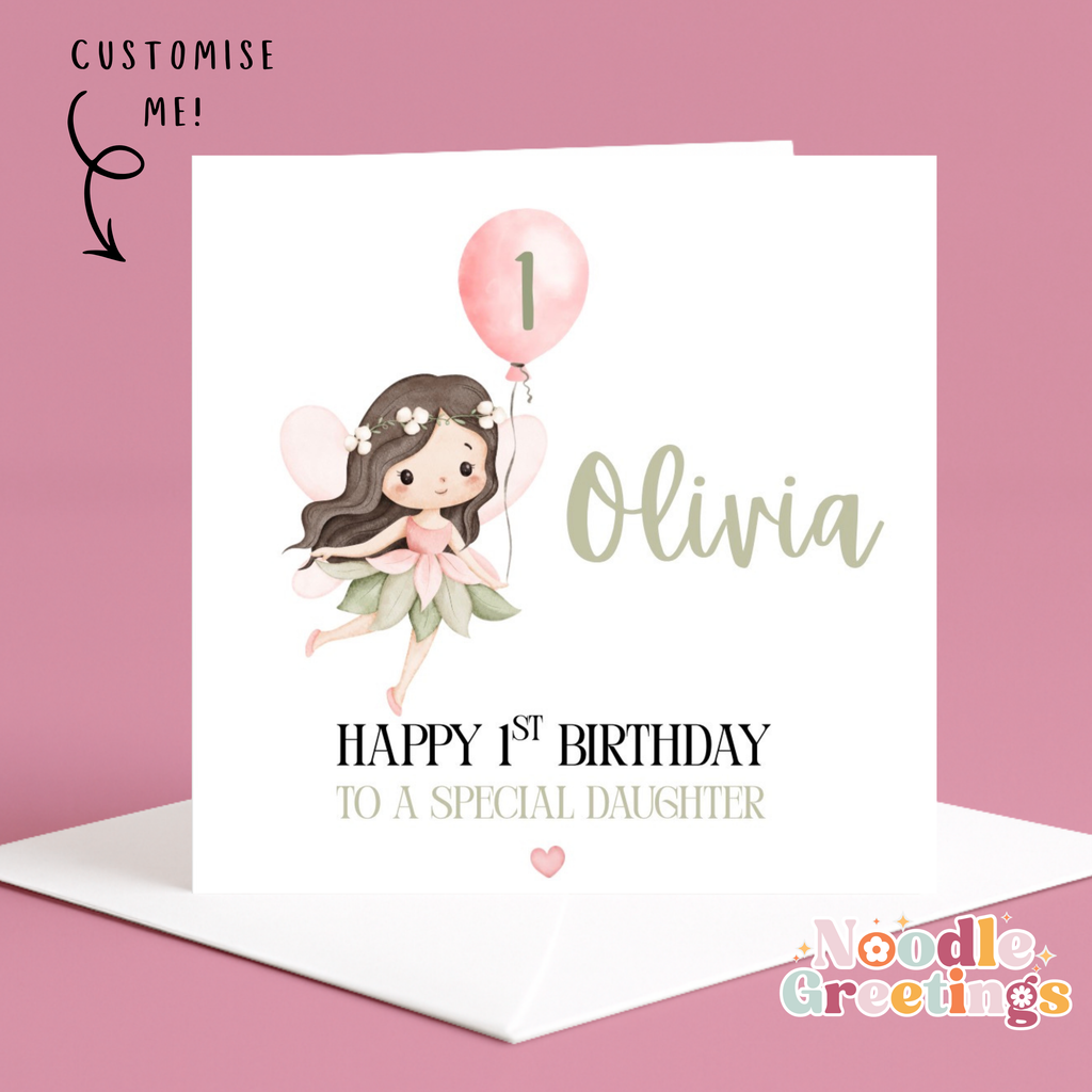 Personalised Girl's Birthday Card- Fairy 1st Birthday