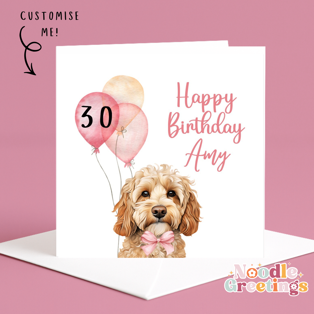 Personalised Birthday Card For Her- Cockapoo & Balloons
